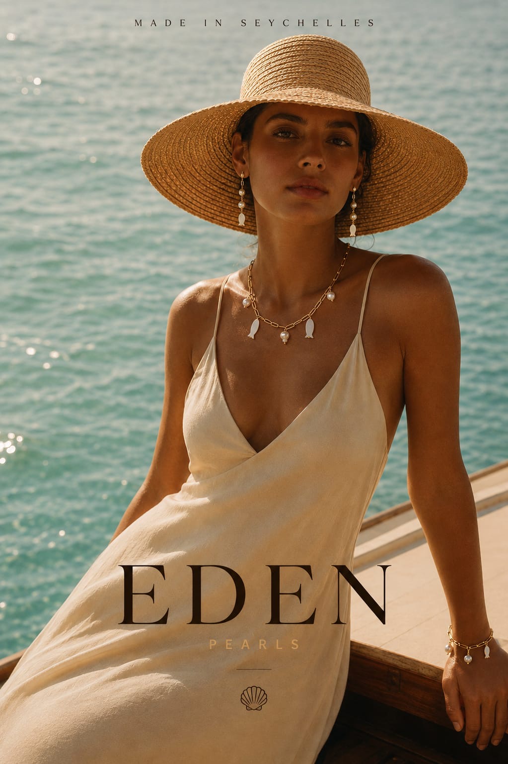 Model wearing Eden Pearl jewellery on the Seychelles coast